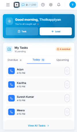 Leadluence mobile — tasks and follow-ups view